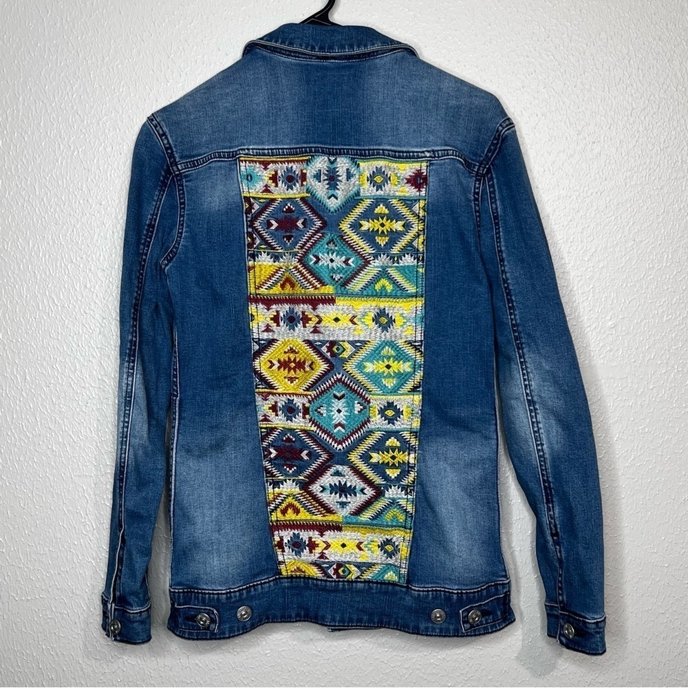 LULAROE Womens XXS Jaxon Denim Jean Jacket Colorful Aztec Embroidery Stretch